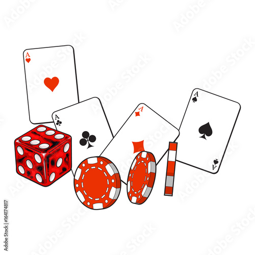 Set of heart, spade, clubs and diamond ace play cards, dice and gambling chips, sketch vector illustration isolated on white background. Dice, gambling chips, playing cards set, poker, casino symbols
