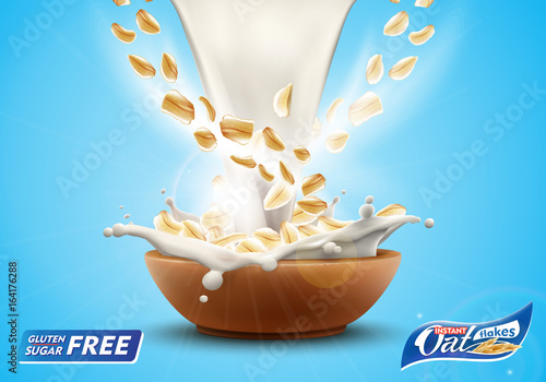 Oat flakes in big milk splash advertising flyer vector illustration. High quality art for ads broshure, poster or label design