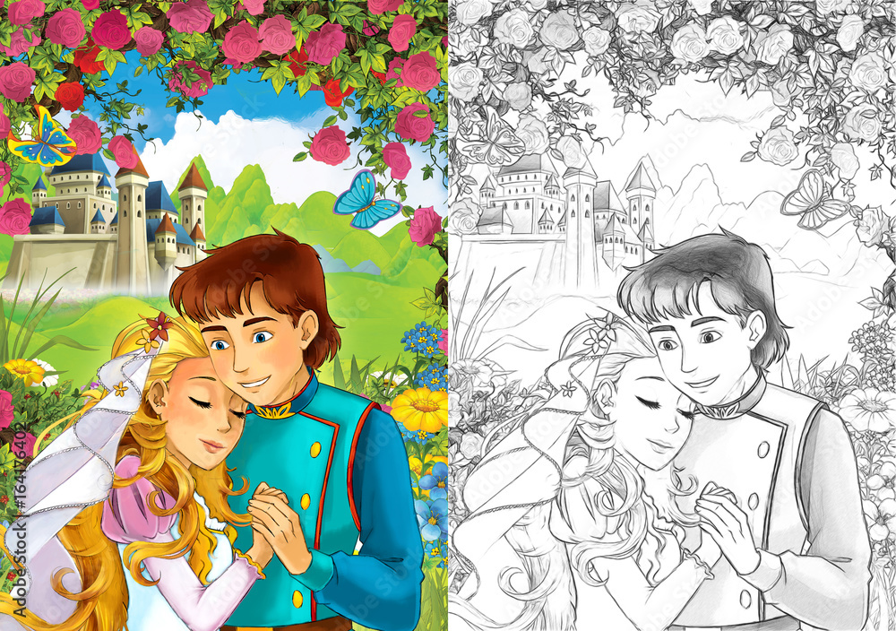 Φωτογραφία Cartoon scene of loving couple - prince and princess - castle in the background