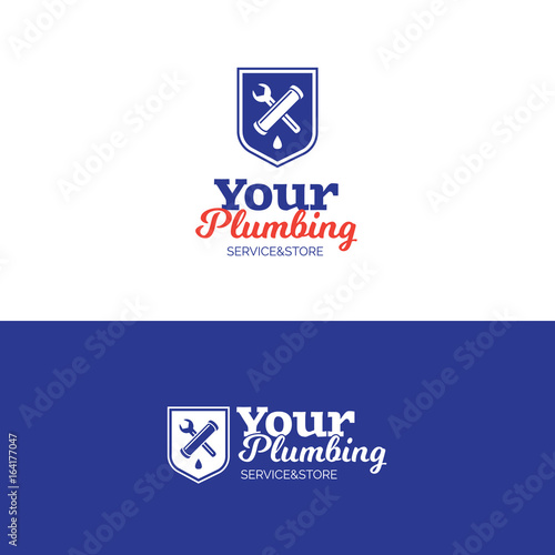 Plumbing service logo with pipe, wrench and shield