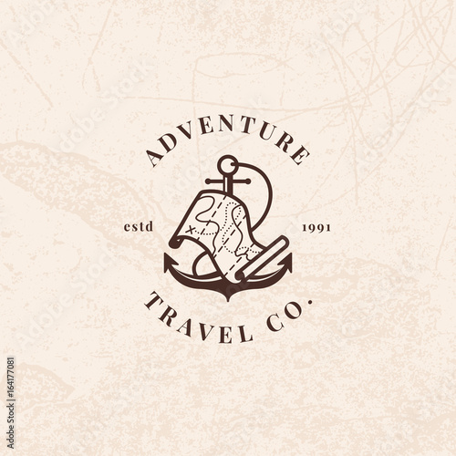 Anchor logo with treasure map in vintage style. Travel agency vector sign