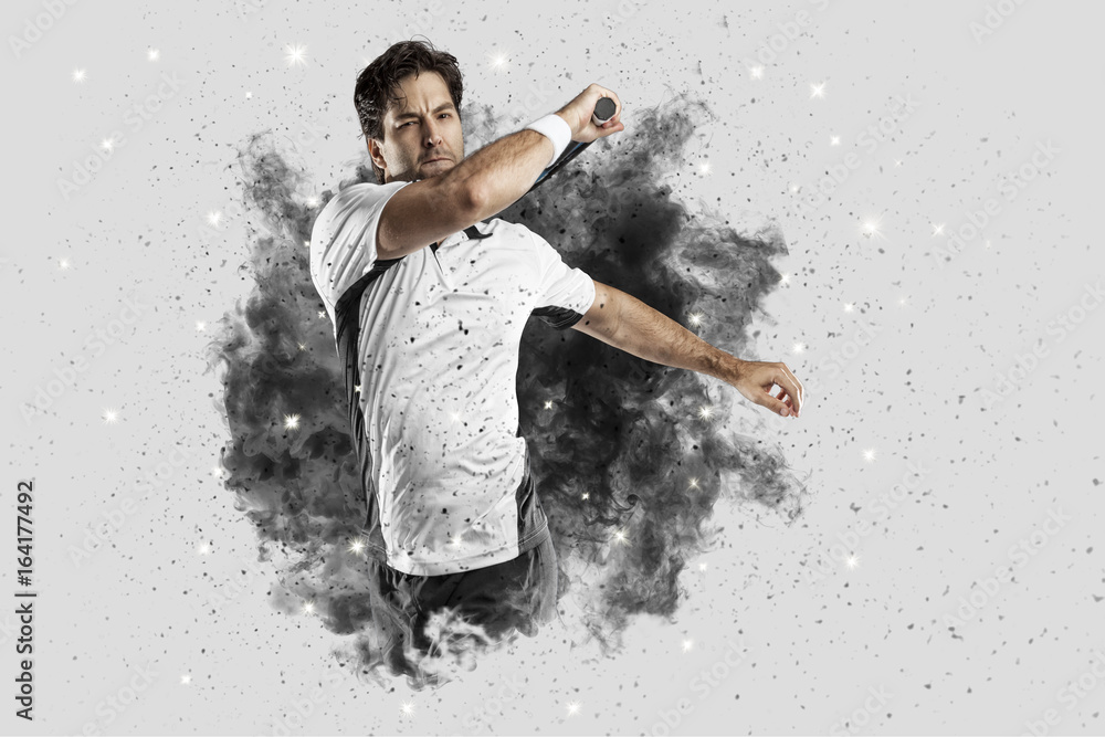 Tennis Player coming out of a blast of smoke . Tennis Player coming out of a blast of smoke .