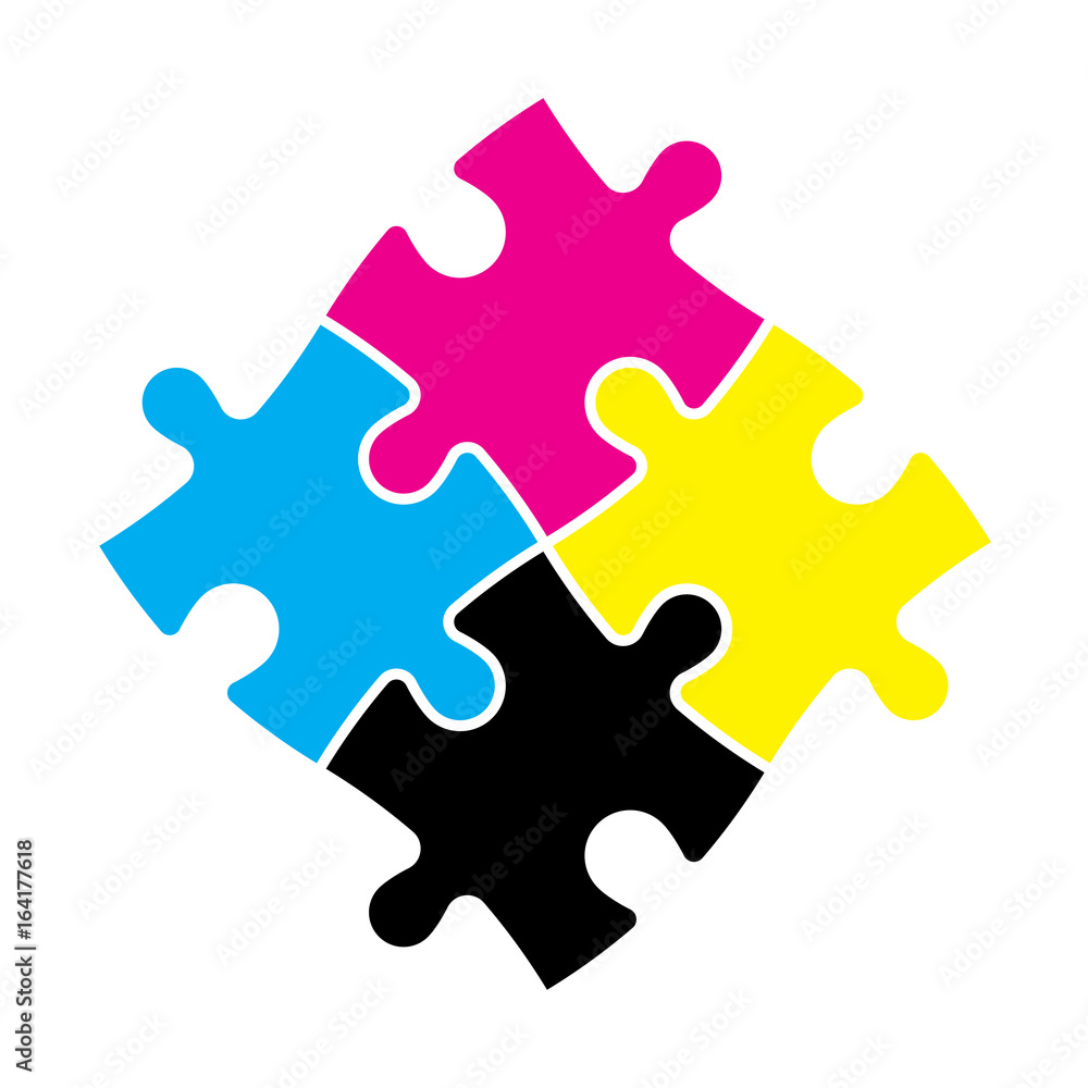 Four jigsaw puzzle pieces in CMYK colors. Printer theme. Vector illustration. Four jigsaw puzzle pieces in CMYK colors. Printer theme. Vector illustration.