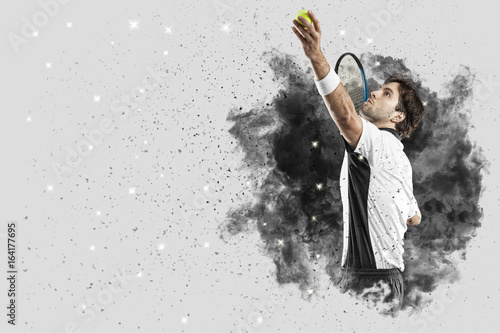 Tennis Player coming out of a blast of smoke . © beto_chagas