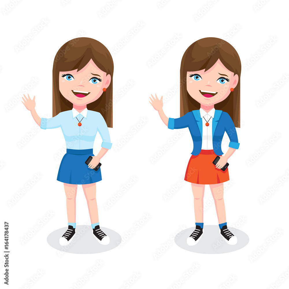 Teen girl with smartphone and welcome gesture. Cute girl character illustration Teen girl with smartphone and welcome gesture. Cute girl character illustration
