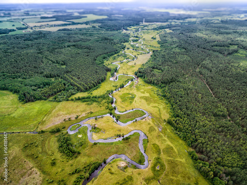 The valley of the river, the top view from the drone