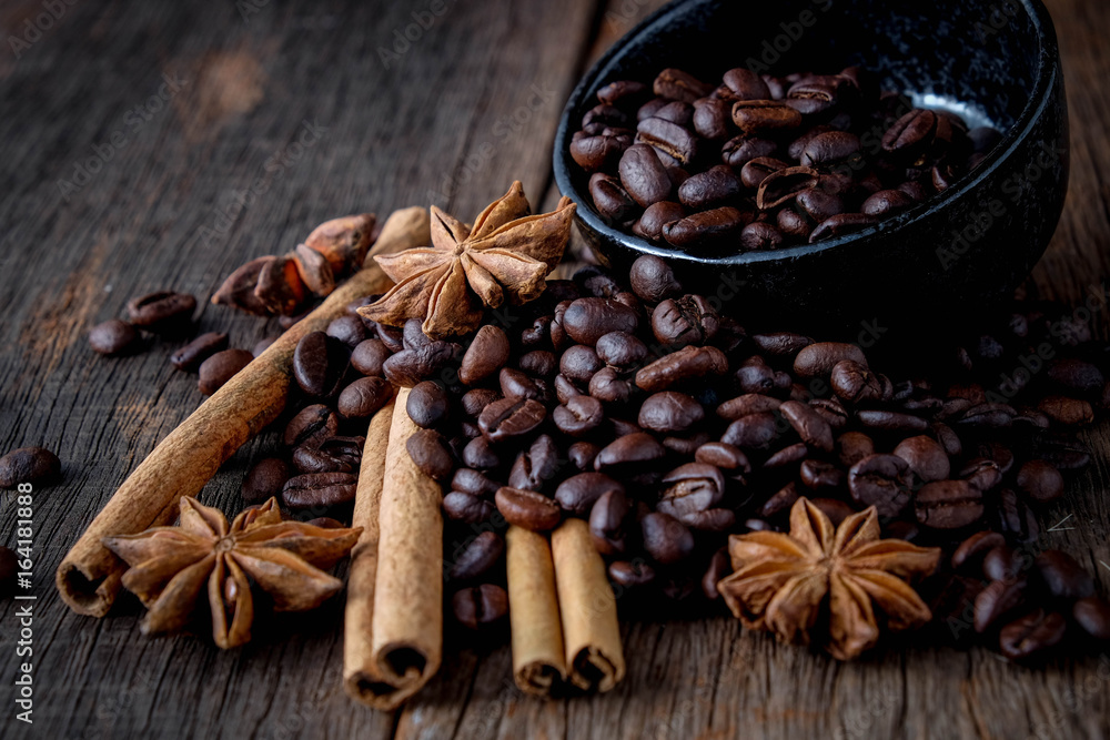 Coffee beans with cinnamon A mixture of popular drinks. Coffee beans with cinnamon A mixture of popular drinks.