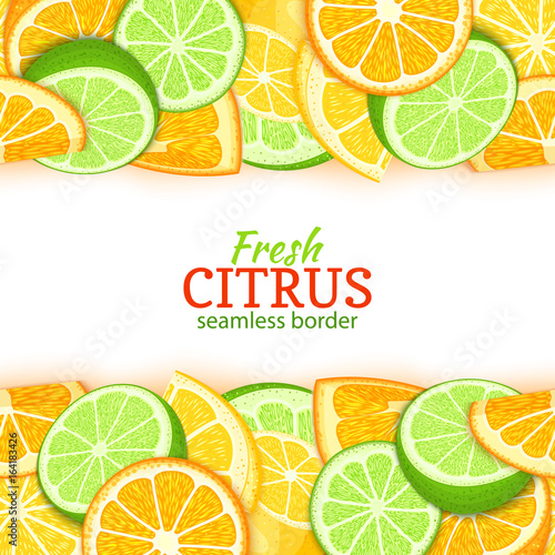 Orange lemon lime fruit horizontal seamless border. Vector illustration card top and bottom Fresh tropical fruits slice for design tea, ice cream, natural cosmetics, health care products, detox diet