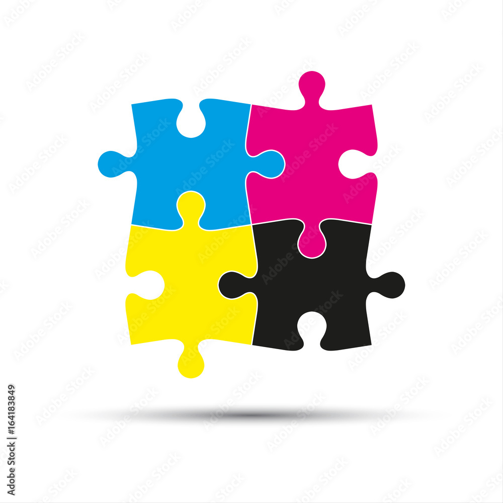 Obraz premium Abstract vector logo, four puzzle pieces in cmyk colors isolated on white background