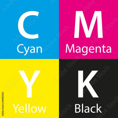 Simple vector cmyk color sample with color name, background with cyan, magenta, yellow and black color