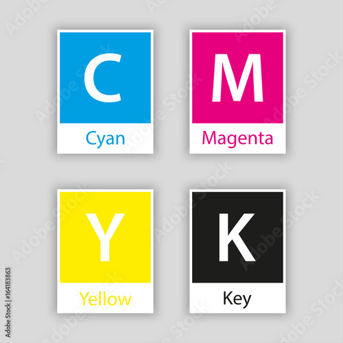 Separate swatch in cmyk color with color name isolated on white background, cyan, magenta, yellow, black, key