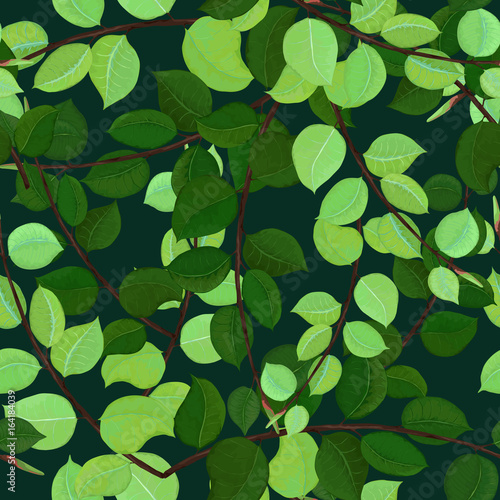Seamless Pattern of Leaves on Dark Background. Vector Forest Design