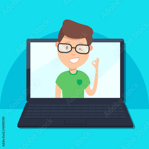 Pop up portrait of smiling winking nerd saying ok.