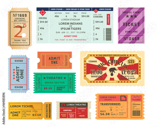Vintage tickets, paper coupons for circus, cinema