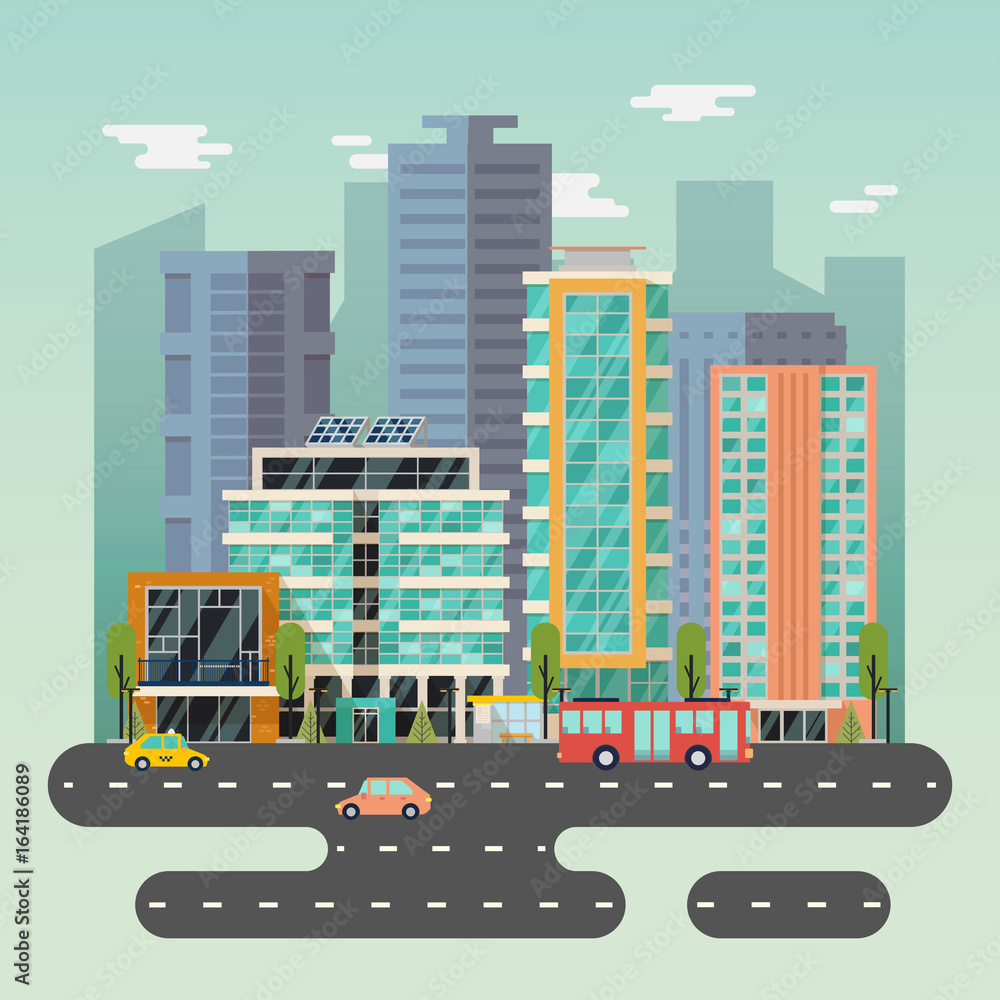 Town or city with skyscrapers buildings and road Town or city with skyscrapers buildings and road