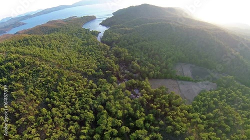 Marmaris pine forest, Amazon Bay and high mountains landscape. Aerial. Marmaris National Park is set over 29.206 hectares, is just 6 km from town and is a haven of flora and fauna photo