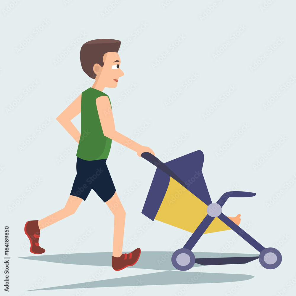 man jogging with baby carriage vector cartoon man jogging with baby carriage vector cartoon