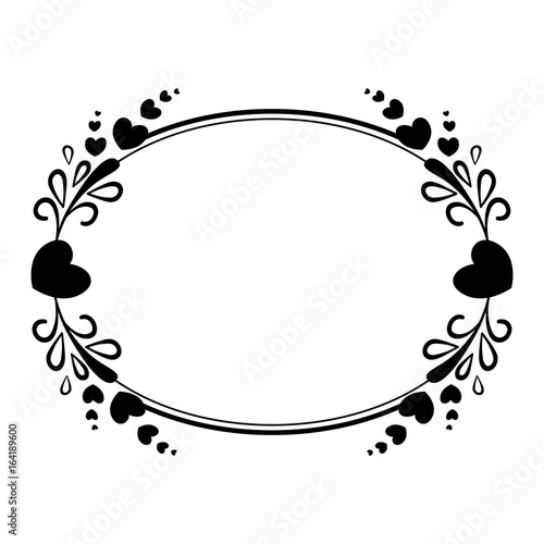 Elegant black and white oval frame with a silhouette of hearts and decorative elements for the design of brochures, booklets, wedding albums, invitations and other festive products.