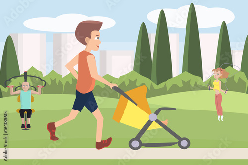 man jogging with baby carriage at park cartoon