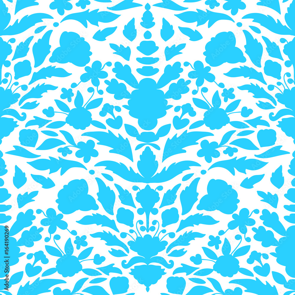 Cyan, blue floral damask ornament on white background, floral seamless pattern. Vector illustration. Cyan, blue floral damask ornament on white background, floral seamless pattern. Vector illustration.