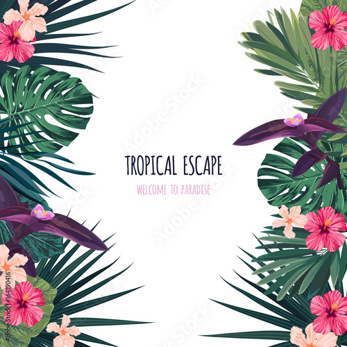Floral square postcard design with hibiscus flowers, monstera and royal palm leaves. Exotic hawaiian vector background.