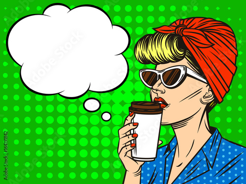 Young beautiful in retro style woman  with cup of coffee. Girl  in sunglasses of the European type with speech bubble on background of pop art style