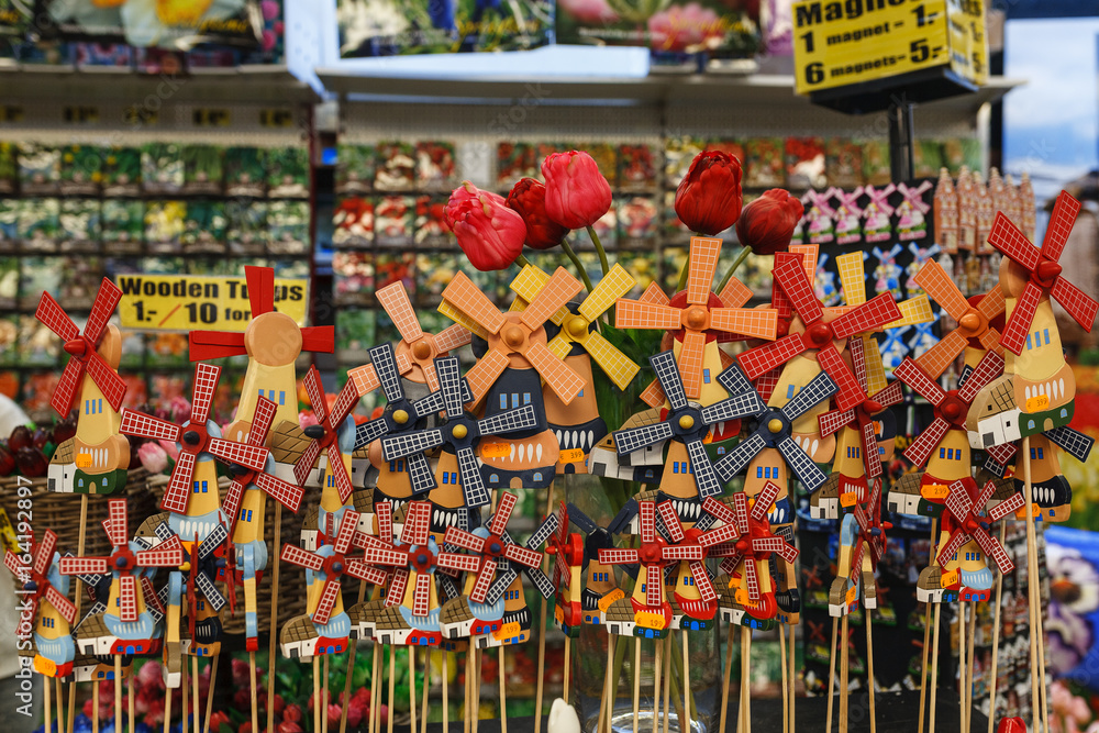 Souvenirs. Amsterdam walk. Flowers market. wooden windmill souvenir from Amsterdam