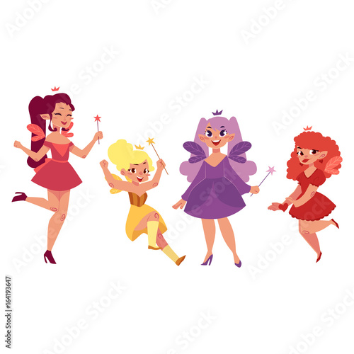Vector fairy girl set illustration on white background. Cute cartoon smiling child with butterfly wings wearing queen crown isolated. Magic flying kid holding magic star wand. Element for your design
