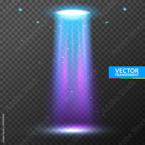UFO light beam. Alien transport futuristic bright light in dark on transparent. UFO spaceship isolated glow effect design