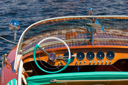 Dashboard in a vintage wooden boat photo