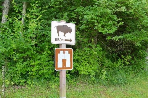 The bison sign in the park on a close up view.