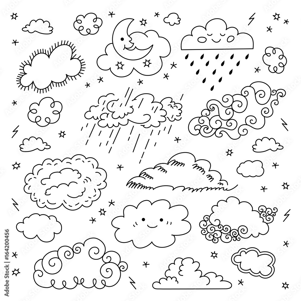 Cloud hand drawn Clouds icons set. Children's sky and weather symbols ...