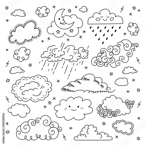Cloud hand drawn Clouds icons set. Children's sky and weather symbols, Night sky, moon, rain and other cartoon comic cute clouds. Vector