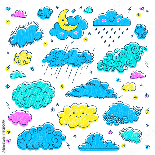 Cloud hand drawn Clouds icons set. Children's sky and weather symbols, Night sky, moon, rain and other cartoon comic cute clouds. Colorful vector illustration