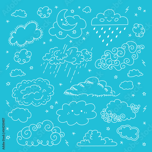Vector blue sky clouds hand drawn icons set. Children's sky and weather symbols, Night sky, moon, rain and other cartoon comic cute clouds