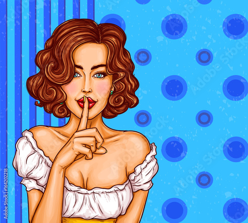 Vector pop art illustration of a sexy girl holding her finger on her lips and asking for silence, quiet, do not tell anyone. Excellent advertising poster for advertising discounts and sales