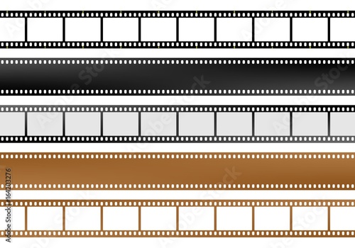 Set of movie and camera blank film strips of different colors with empty windows and without windows