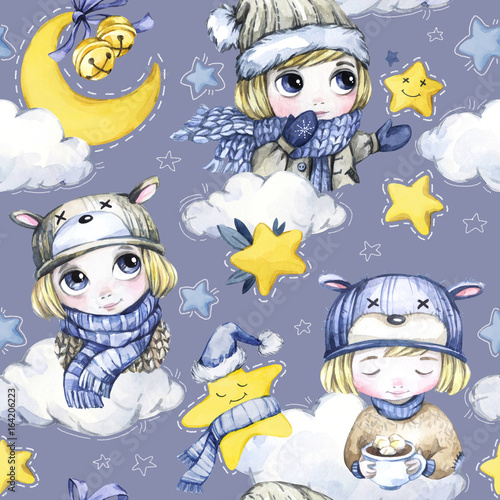 Obraz na płótnie Akwarela bezszwowe wzór z kreskówek słodkie dzieci, księżyc, magiczne gwiazdy i chmury. Nowy Rok. Ilustracja uroczystości. Wesołych Świąt.