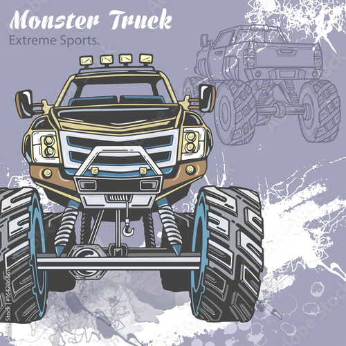 Plakat Monster Truck na tle sportu z odpryskami i szkic. Retro ilustracji wektorowych. Sporty ekstremalne. Przygody, podróże, symbole sztuki na zewnątrz. Poza drogą.