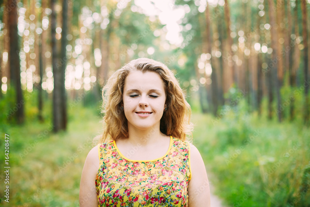 Portrait Of Young Pretty Plus Size Caucasian Happy Girl Woman With Closed Eyes, Portrait Of Young Pretty Plus Size Caucasian Happy Girl Woman With Closed Eyes,