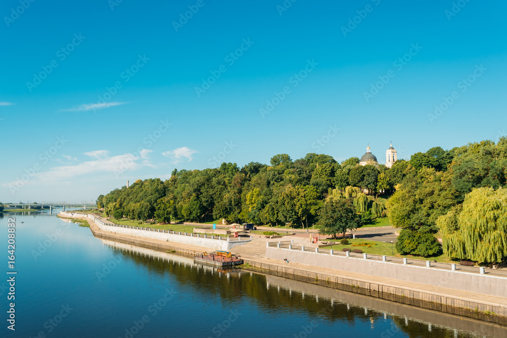 River, City Park And Cathedral Of St. Peter And Paul In Summer Sunny Day River, City Park And Cathedral Of St. Peter And Paul In Summer Sunny Day