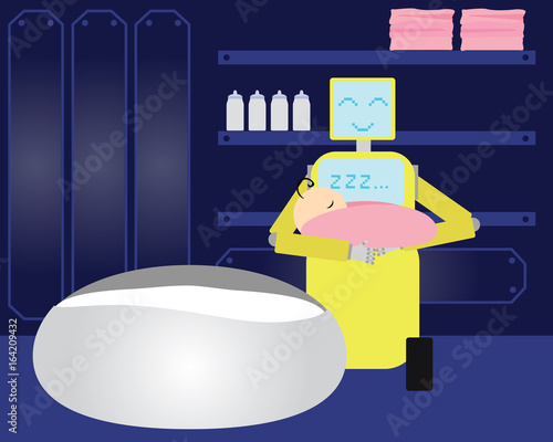 Domestic Robot putting baby to sleep. Personal robot nanny futuristic concept illustration vector.
