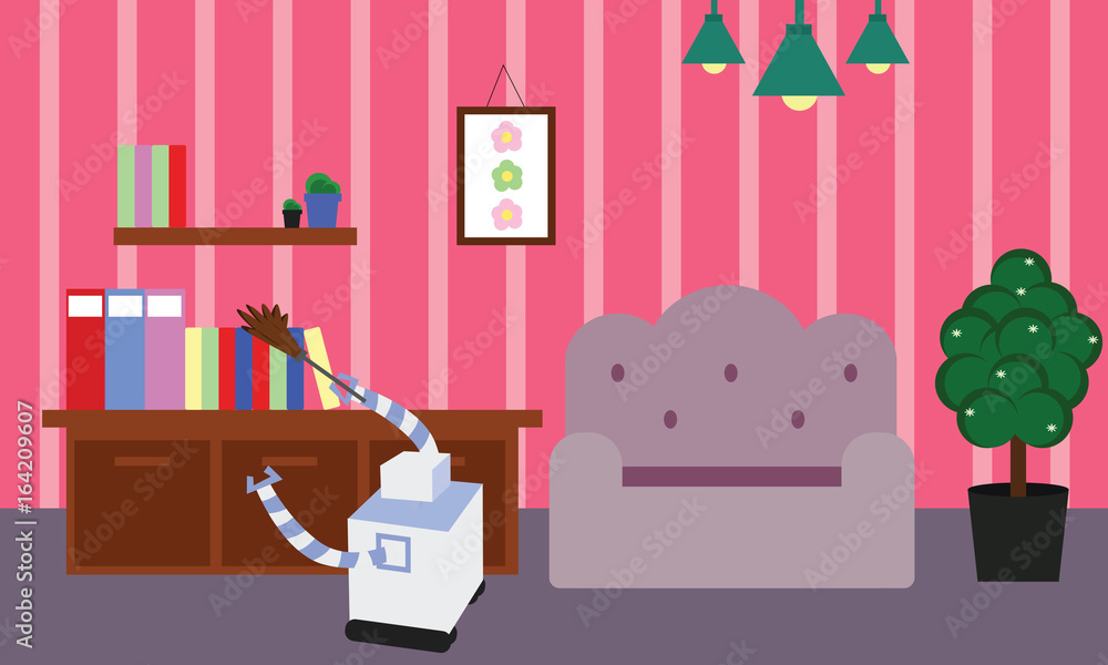 Domestic robot doing cleaning and dusting in a room. Personal robot housekeeping futuristic concept illustration vector. Domestic robot doing cleaning and dusting in a room. Personal robot housekeeping futuristic concept illustration vector.