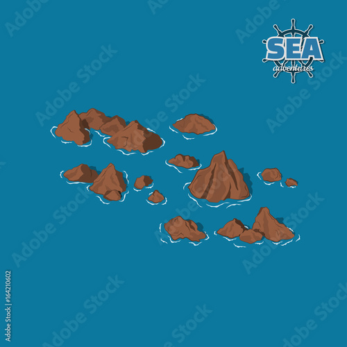 Brown reefs on a blue background. Underwater rocks in isometric style. 3d illustration. Pirate game. Vector illustration