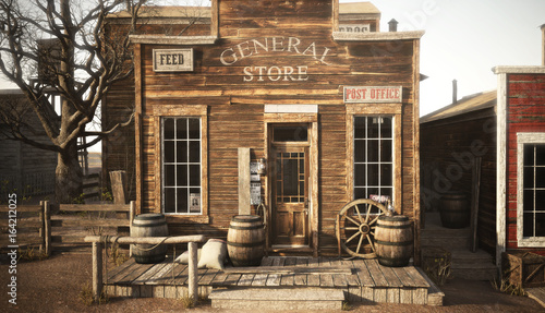 Western town rustic general store. 3d rendering