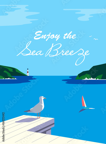 Nautical poster concept. Blue sea scenic view. Marine yacht sailing on blue water. Hand drawn cartoon retro style. Maritime vector Illustration of recreation on seashore. Seaside banner background
