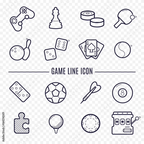Games linear icons. Ping-pong, golf, billiards, darts leisure activities. Gambling, sport game line icons.