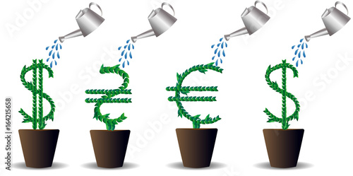 Green leaves laid out in form of an international graphic designation of US dollar, euro and Ukrainian hryvnia, trees growing in pots, topsy-dipping. Money, concept of investments bringing incomes