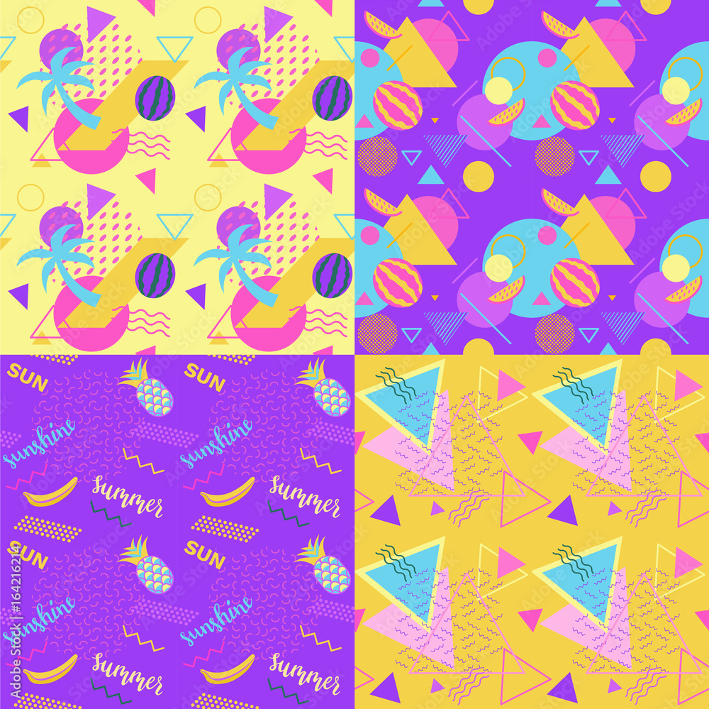 Seamless color trendy patterns set with watermelons and palms, geometric shapes, fashion vector backgrounds