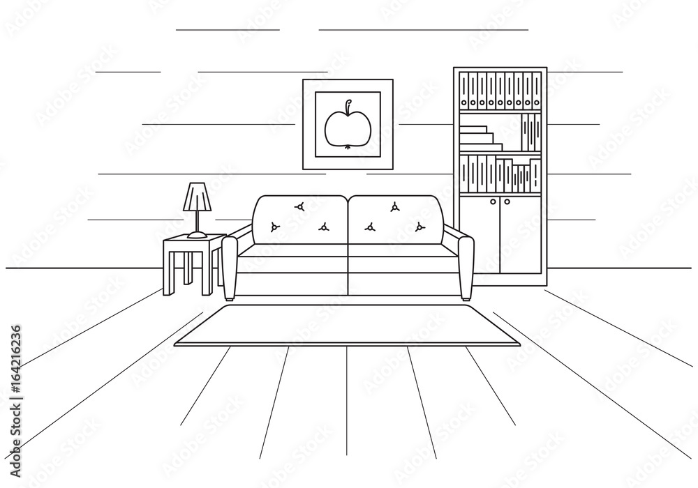 Sofa, bookcase, table with lamp. Linear sketch of the interior in a modern style.